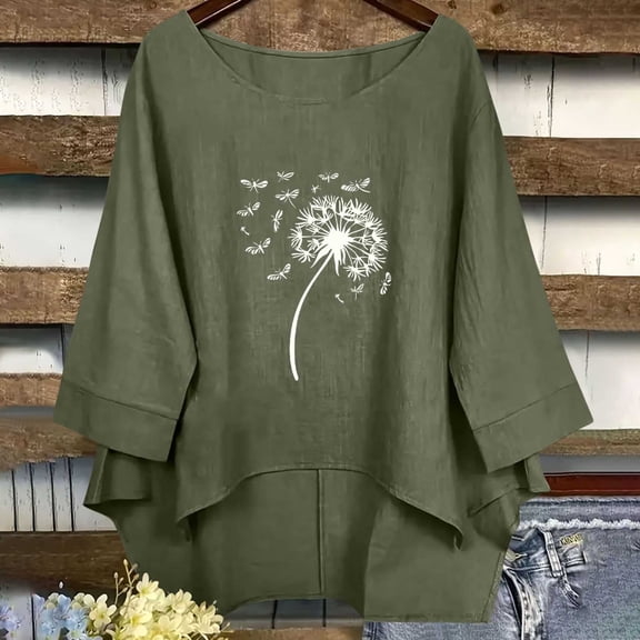 Linen Tops for Women Retro Embroidered Summer Boho Peasant Blouses 3/4 Sleeve Round Neck Casual Loose Fit Clothes Cute Tops For Women
