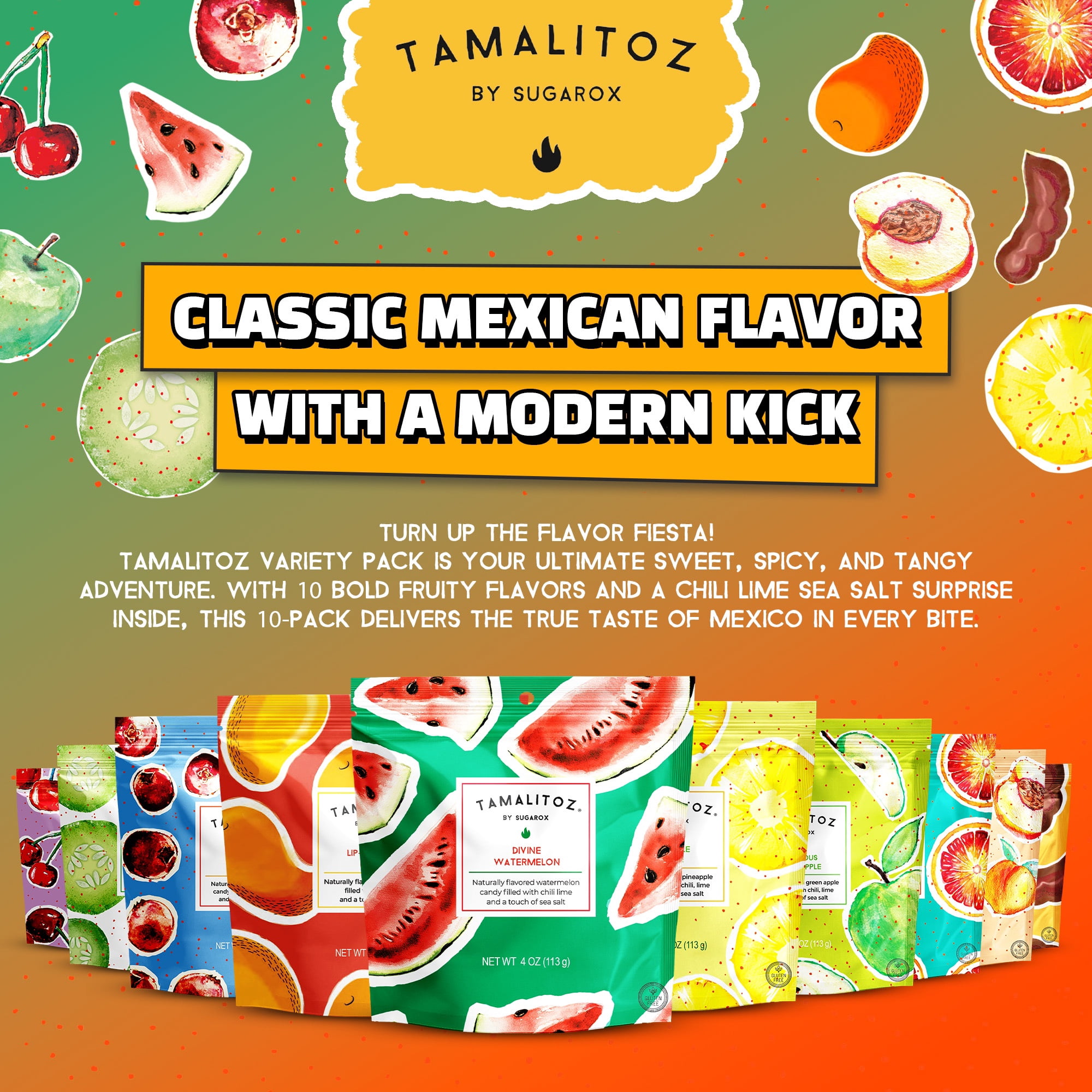 Tamalitoz Variety 10 Bags – Fruity Mexican Hard Candy with Chili Lime Sea Salt Center – Handcrafted Bold Flavors, Gluten-Free, Kosher, No Artificial Colors, 4oz Each Bag