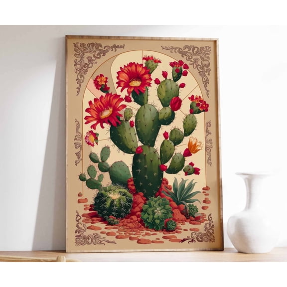 Vintage Mexican Cactus Poster, Colourful Mexican Art Mexican Decor, Traditional Mexican Art, Floral Decor, Latin Print, Mexican Gift Wall Art, Modern Wall Decor, 16x24 UNFRAMED