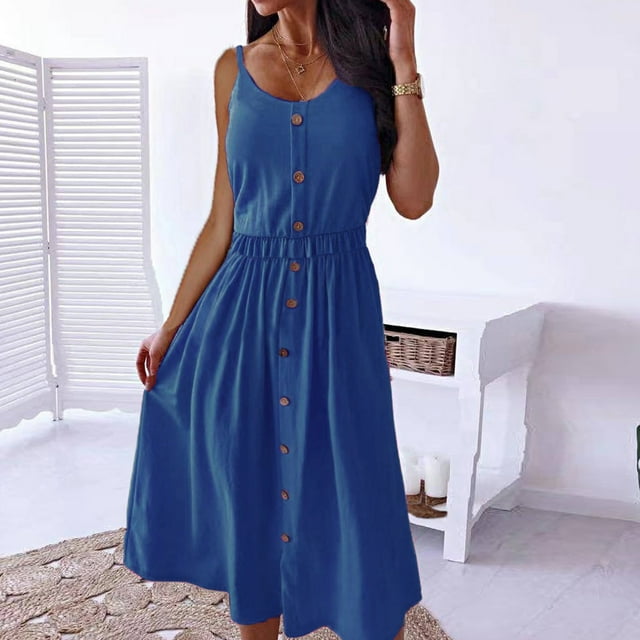 Gspmoly Robe pour Femme, Robe Mode Sans Manches Unie à Col Rond et Mi-Mollet pour le Printemps et l'Été, Robes de Cocktail jusqu'à 60 % de Rabais
