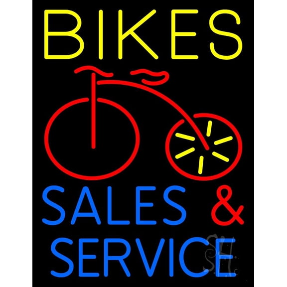 Yellow Bikes Blue Sales And Service LED Neon Sign 19 x 15 - inches, Clear Edge Cut Acrylic Backing, with Dimmer - Bright and Premium built indoor LED Neon Sign for automotive store, and mall.