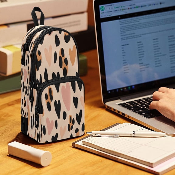 Backpack Pencil Case, 3 Compartment Large Capacity Oxford Fabric Pencil Pouch / Wild Heart Leopard
