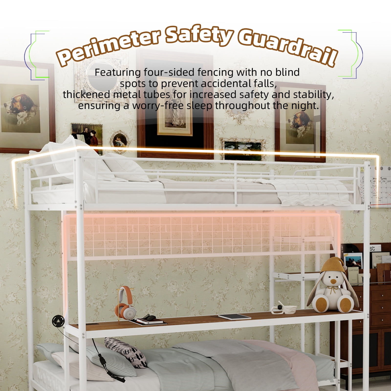 Alvantor Full over Twin Bunk Bed with Desk & LED Lighting, Metal Bunk Bed Frame for Kids/Teens, No Box Spring Needed White