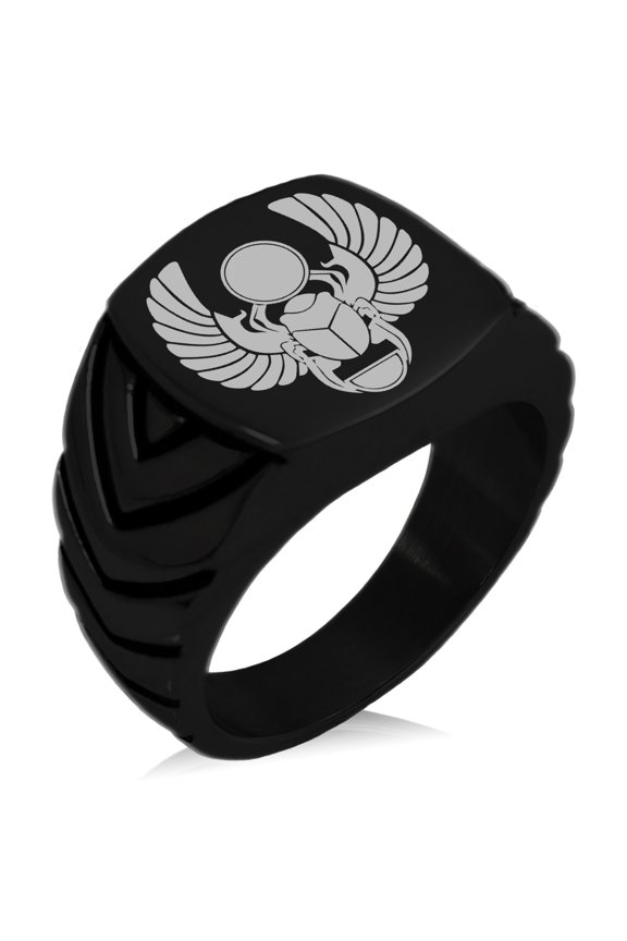 Stainless Steel Scarab Beetle Sacred Sun Chevron Pattern Biker Style Polished Ring