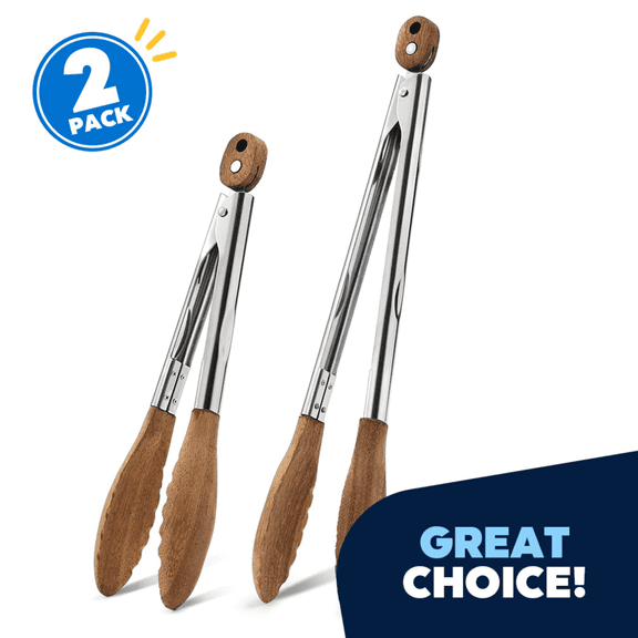 JEEXI Wood Kitchen Tongs Set – Stainless Steel with Acacia Wood Tips, 2-Pack (9” & 12”) – Heat Resistant up to 600°F, Non-Scratch, Locking BBQ & Cooking Tongs for Nonstick Cookware