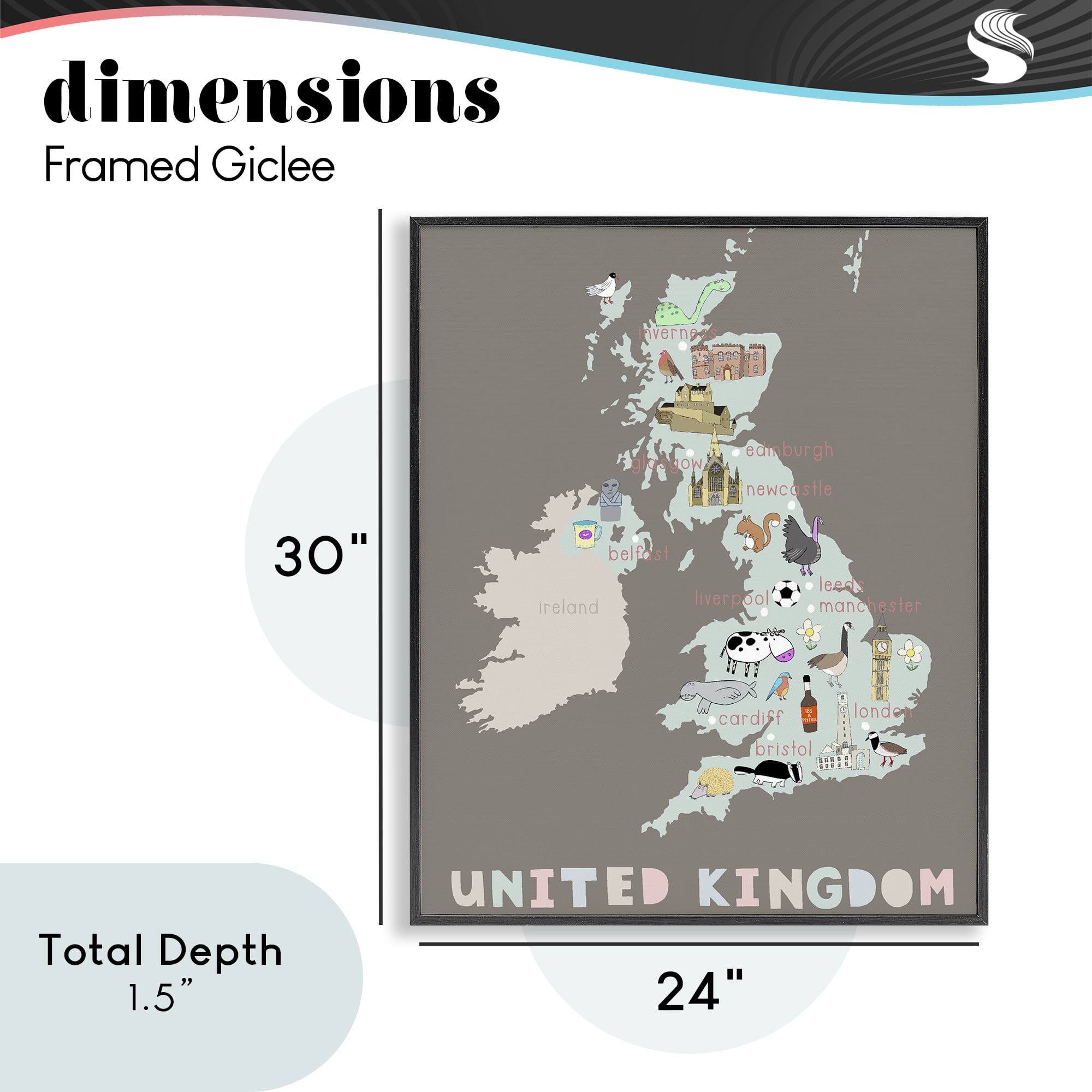 Kid's Map of United Kingdom Black Framed Giclee Art, design by Carla Daly