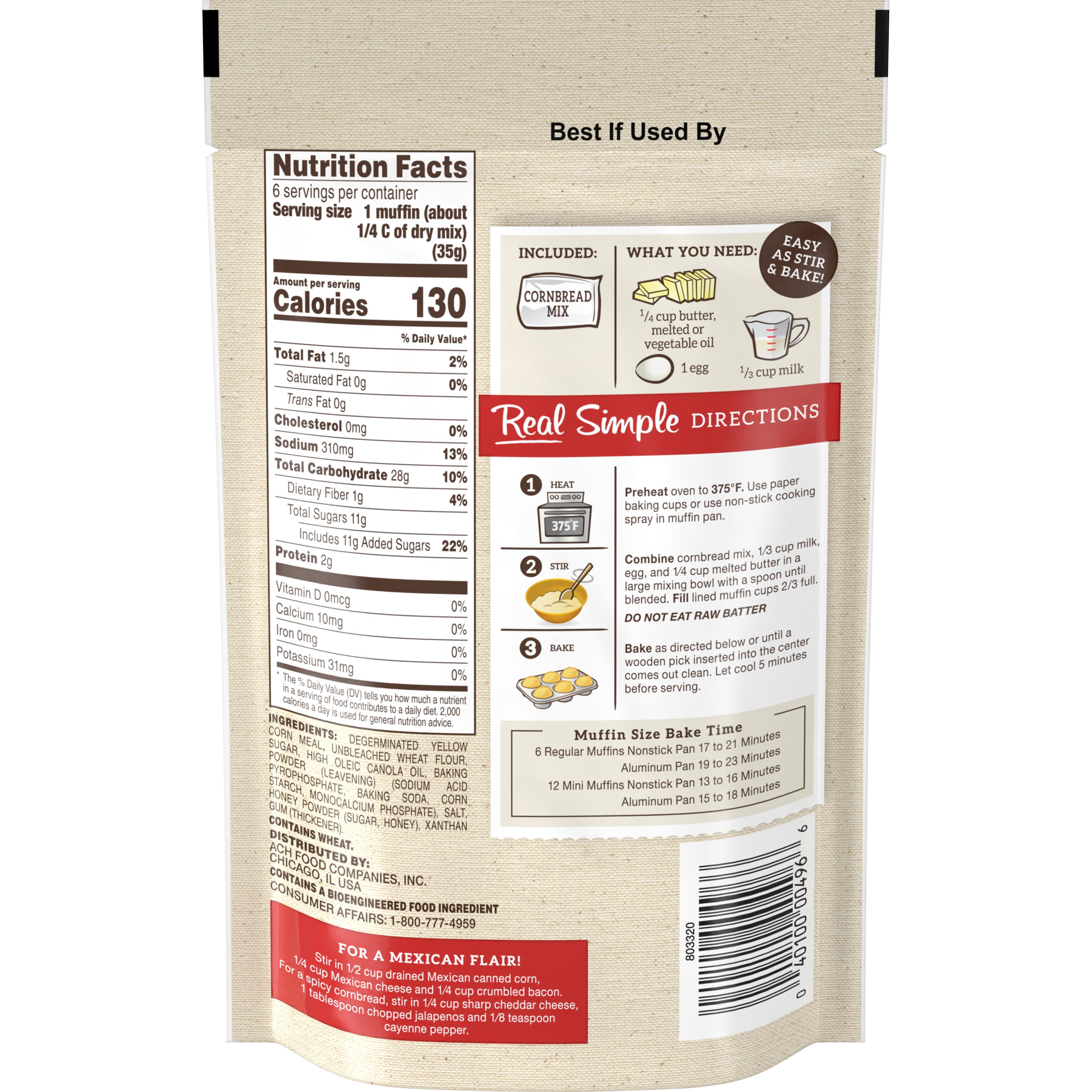 (6 pack) Fleischmann's Simply Homemade Cornbread Baking Mix, 7.5oz
