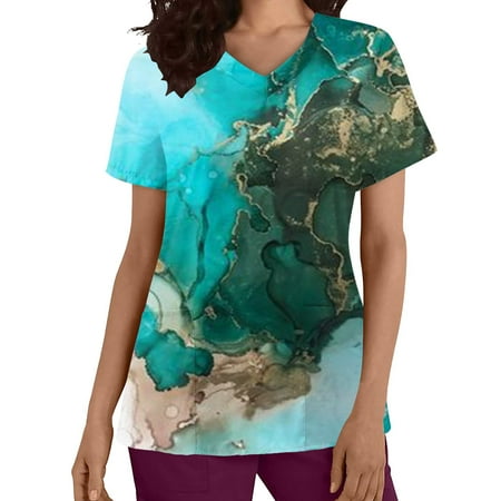 

Women Spring Summer Care Short Sleeve V-Neck 3D Printed Pocket Scrubs Top Working Uniform Nurses Clothing Workwear Simple Clothing