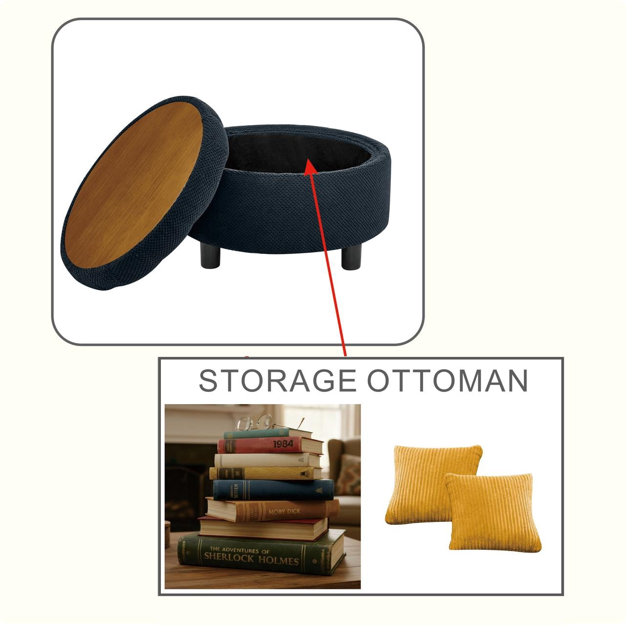 Leumius Storage Ottoman Bench,Round Coffee Table Ottoman,Wooden Top Side Table with Hidden Storage for Living Room,Bedroom,Black