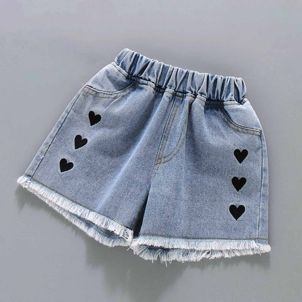 FAIWAD Girls Stretch High Waisted Jeans Elastic Waist Heart Print Straight Leg Denim Shorts