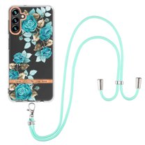 Flower Pattern Case for Samsung Galaxy A14 5G, Detachable Shoulder Strap Lanyard Crossbody Slim Lightweight Floral Cover with Soft Silicone Shockproof Drop Resistant Case,Blue Rose