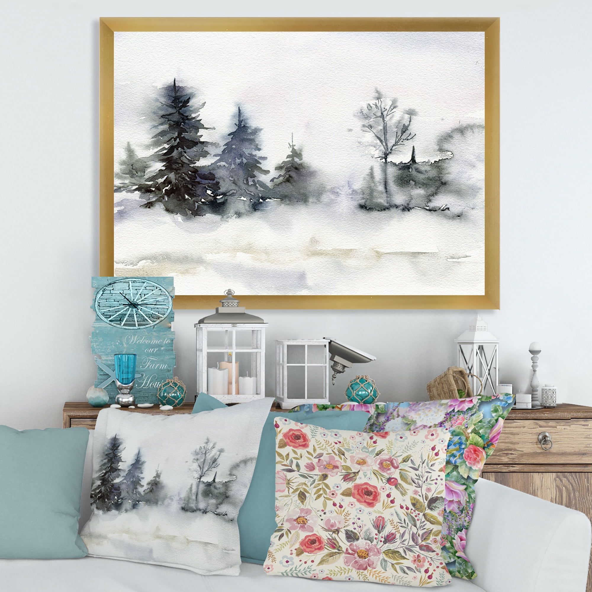 Designart 'Christmas Minimalistic Snow and Forest Landscape' Lake House Framed Art Print