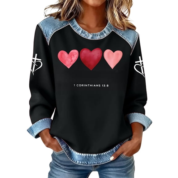 WTXUE Valentine Sweatshirt Women Love Heart Graphic Print Long Sleeve Crewneck Shirts Patchwork Denim Lightweight Sweatshirt Loose Sweatshirts Pullover Tops Fall Sweatshirts Hot Pink L