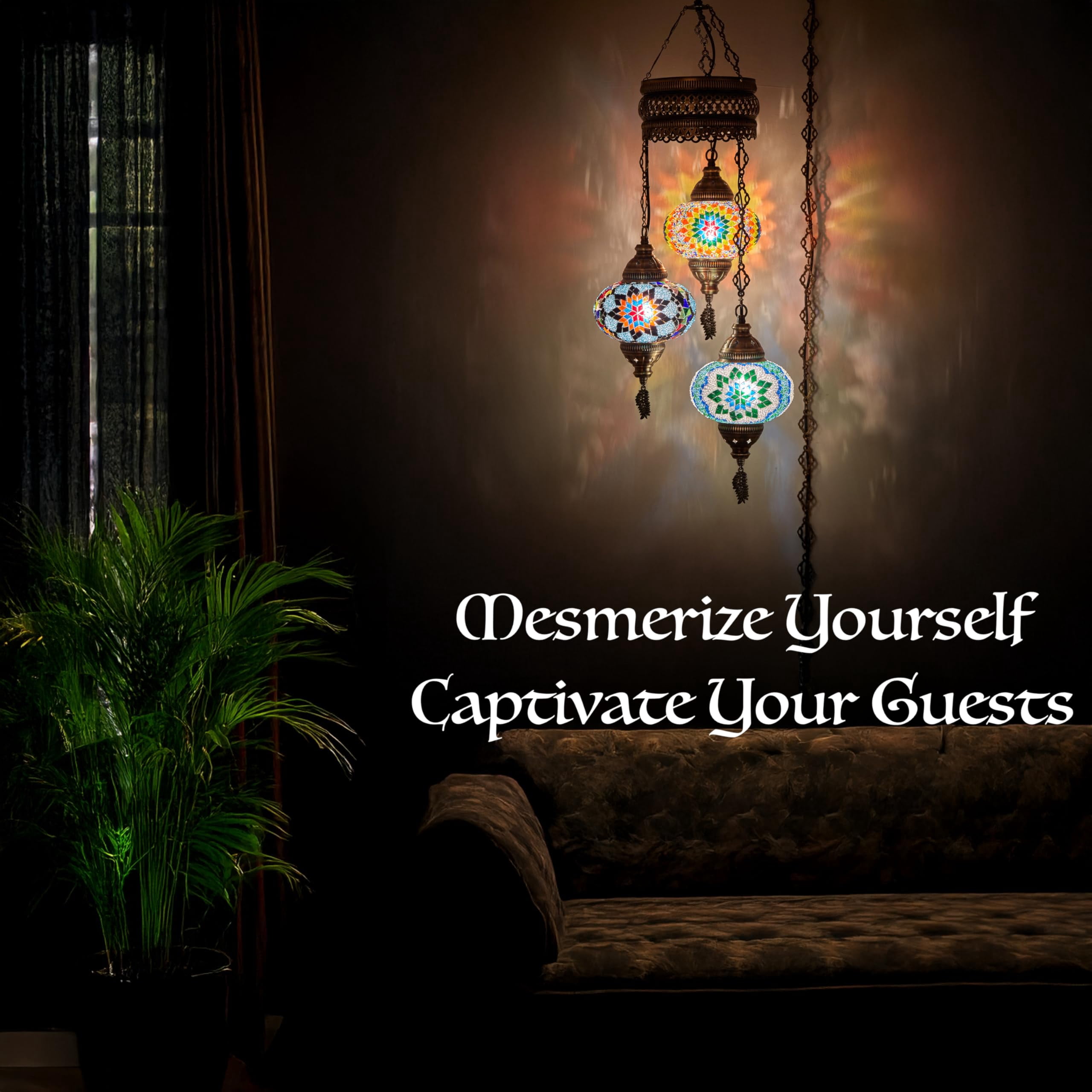 DEMMEX Turkish Mosaic Hanging Lamp, 3 Globe Handmade Plug-in Moroccan Chandelier Light Fixture with 15-ft Cord & Chain, Bohemian Ceiling Light for Living Room or Bedroom (Multicolor)