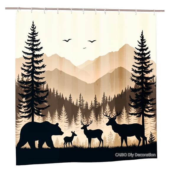 Joocen Polyester Shower Curtain Forest Wildlife Bear Deer Mountain Scene For Home Bathroom Bath Tub Decoration 72x72 inch