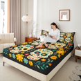 thumbnail image 3 of Homewish Folk Art Sugar Skull Bed Sheets for Women, Retro Boho Daisy Floral Full Size Sheets, 4-Piece, 1 Flat Sheet, 1 Fitted Sheet and 2 Pillowcases, 3 of 5