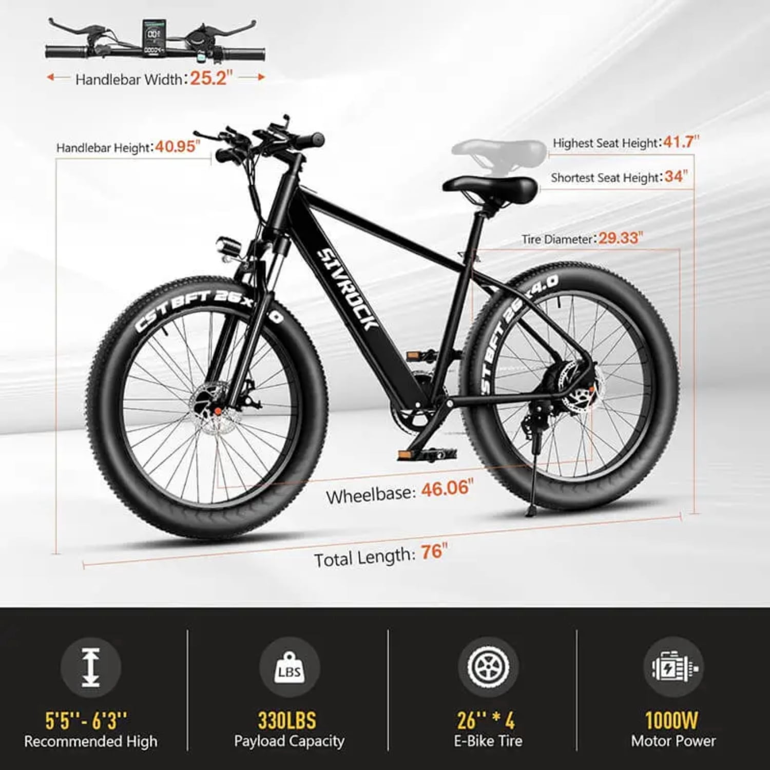 1000W Electric Bike for Adults, 26"x4.0" Fat Tire Mountain Bicycle, 25MPH 7-Speed Gears E-Bike
