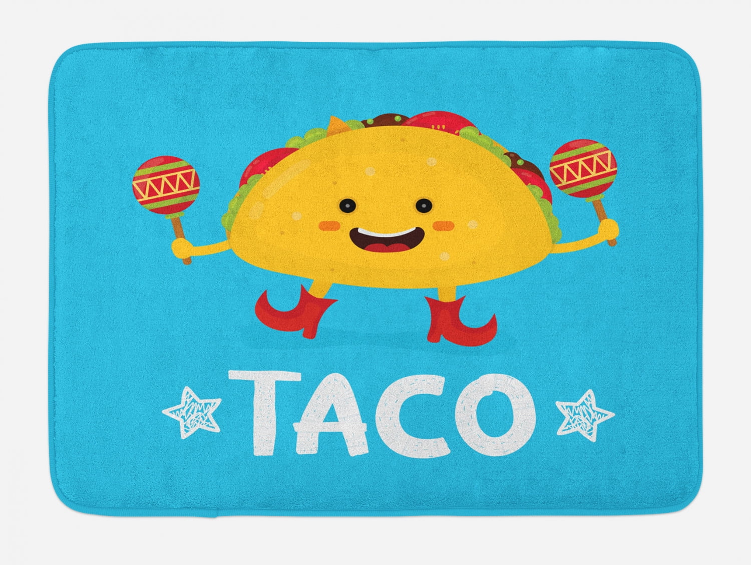 Mexican Bath Mat, Dancing Funny Taco Smiling Face and Maracas Cartoon, Plush Bathroom Decor Mat with Non Slip Backing, Mexican Bath Mat, Dancing Funny Taco Smiling Face and Maracas Cartoon, Plush Bathroom Decor Mat with Non Slip Backing,