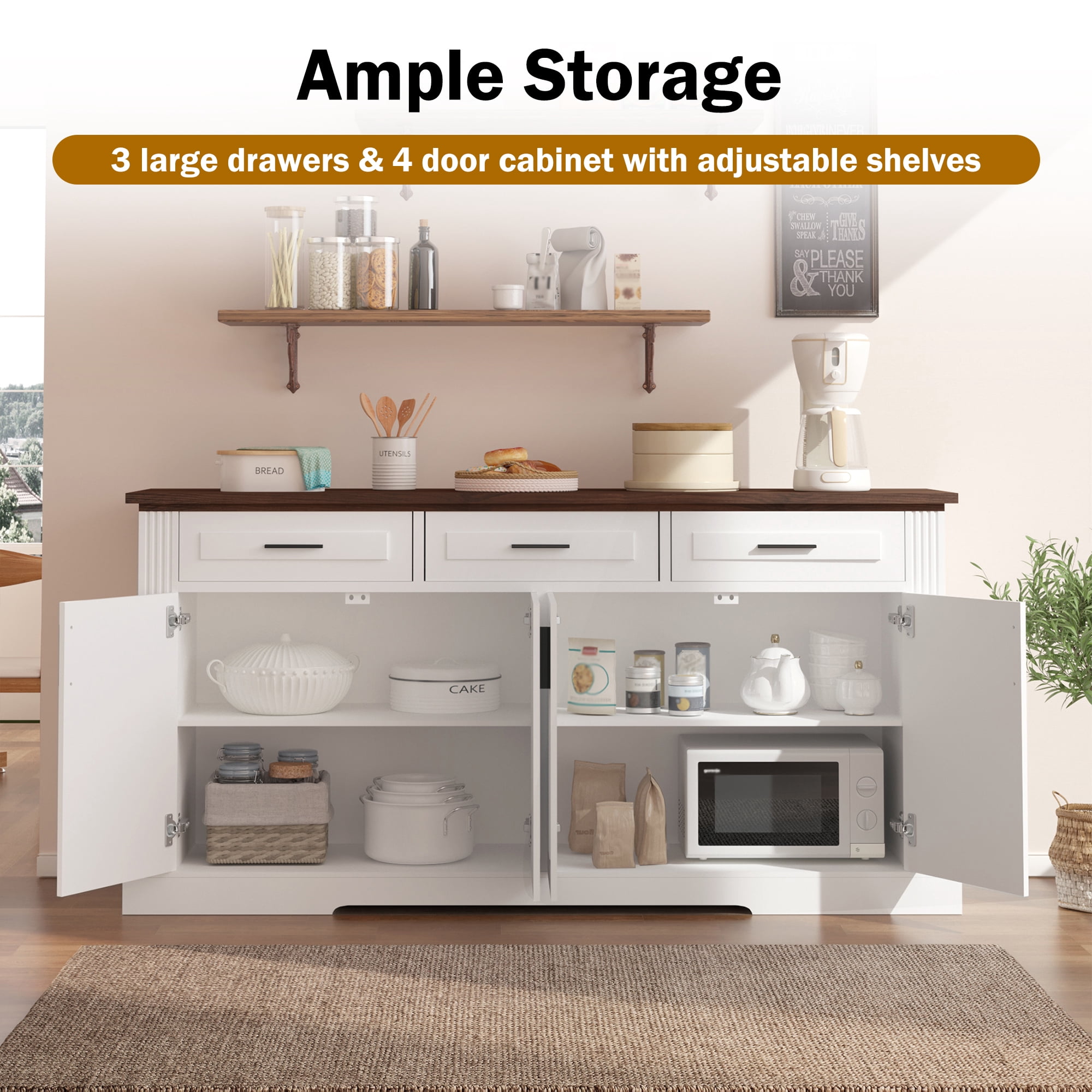 Mintazer 63" Fluted Sideboard Buffet Cabinet with Storage, Kitchen Storage Console Table with 4 Doors and 3 Drawers, Modern Coffee Bar Station for Entryway Kitchen Living Room Dining Room, White