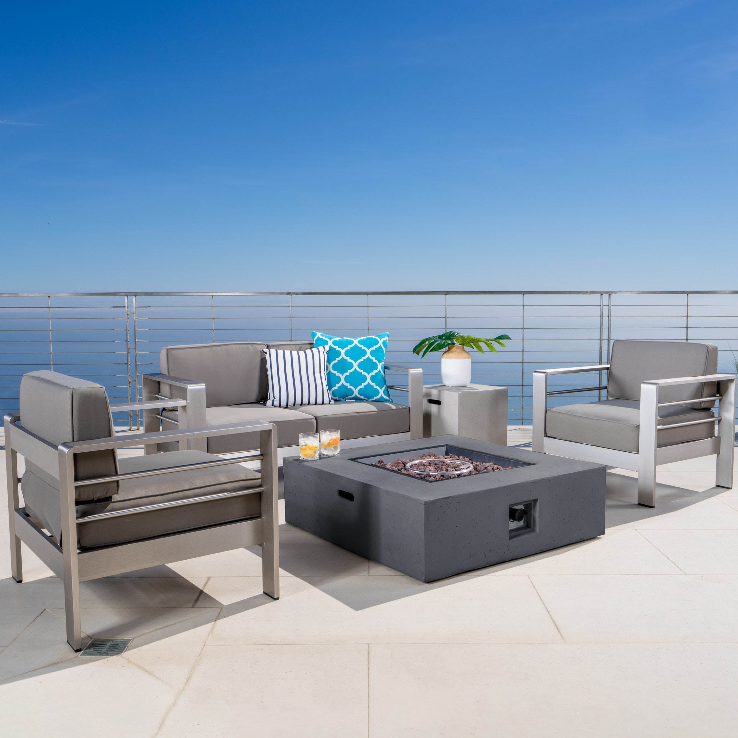 Home Cape Coral Aluminum 5 Piece Square Fire Pit Patio Set ...