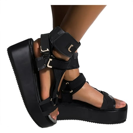 

Ykohkofe Platform Sandals For Womens Open Toe Ankel Strap Flats Comfortable Beach Shoes Black 7.5