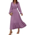 thumbnail image 2 of felwors Women Fall Maxi Dresses 2025 Long Sleeve V Neck Swiss Dots High Waisted A-Line Ruffle Boho Long Dress Vacation Purple, XL, 2 of 8