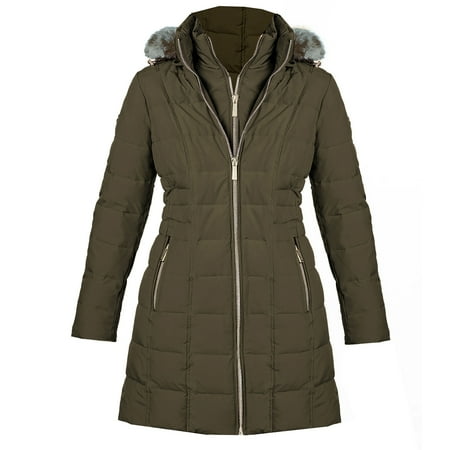 Michael Kors Womens Dark Moss 3/4 Down Puffer Coat Moss Hood B74…