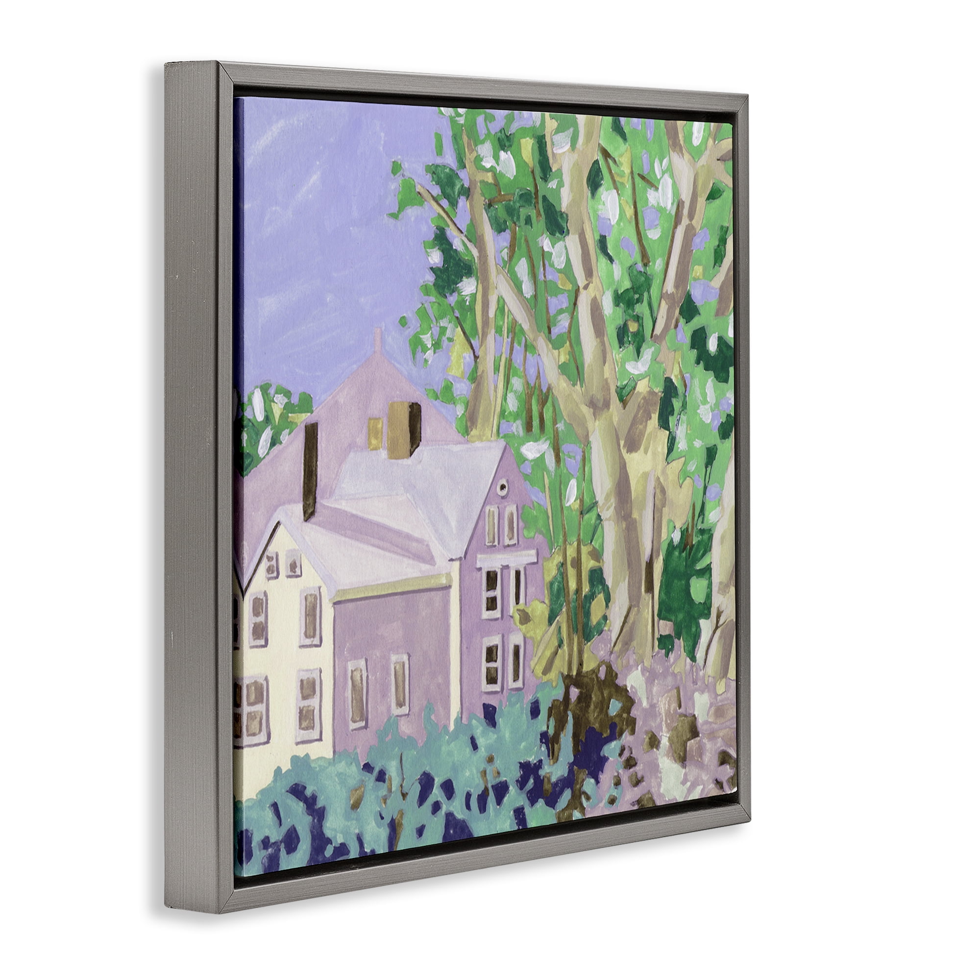 Stupell Industries Building View Through Trees Buildings & Architecture Painting Gray Floater Framed Canvas Art Print Wall Art, 18 x 18