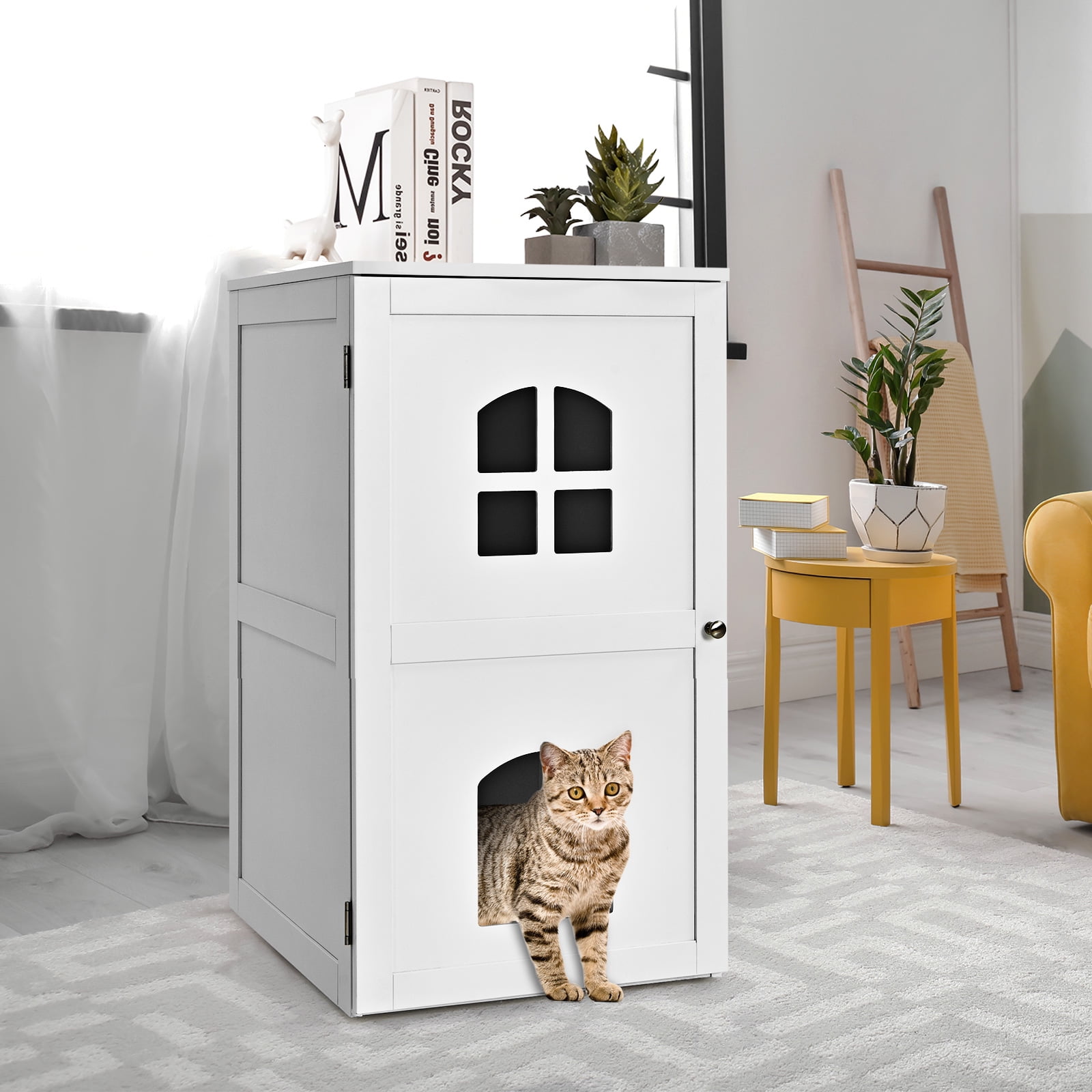 2-Tier Functional Wood Cat Washroom Litter Box Cover with Multiple Vents a Round Entrance and Openable Door