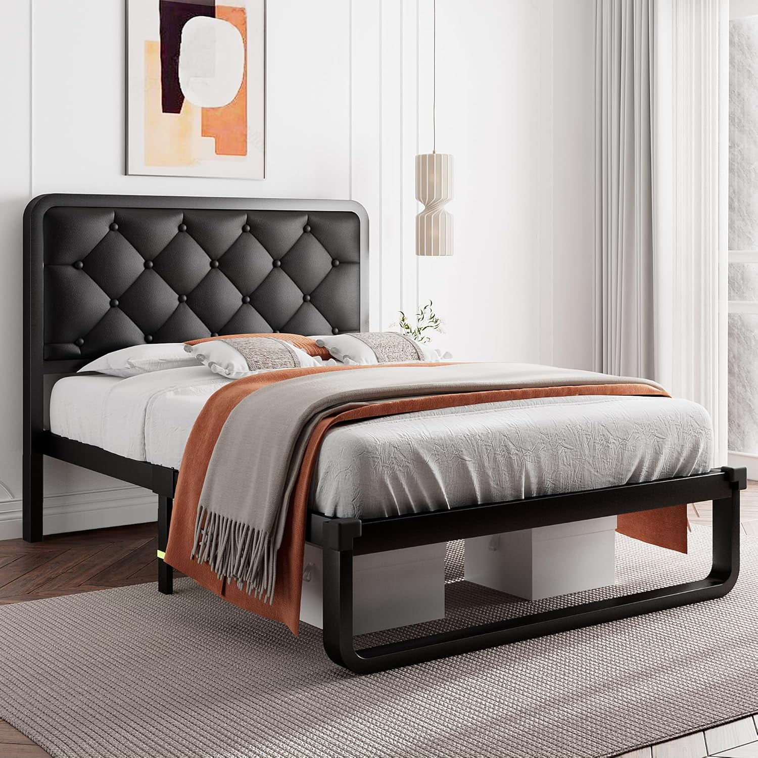 iPormis Twin Size Metal Bed Frame with Black Faux Leather Upholstered Headboard, 12'' Underbed Space,  Black