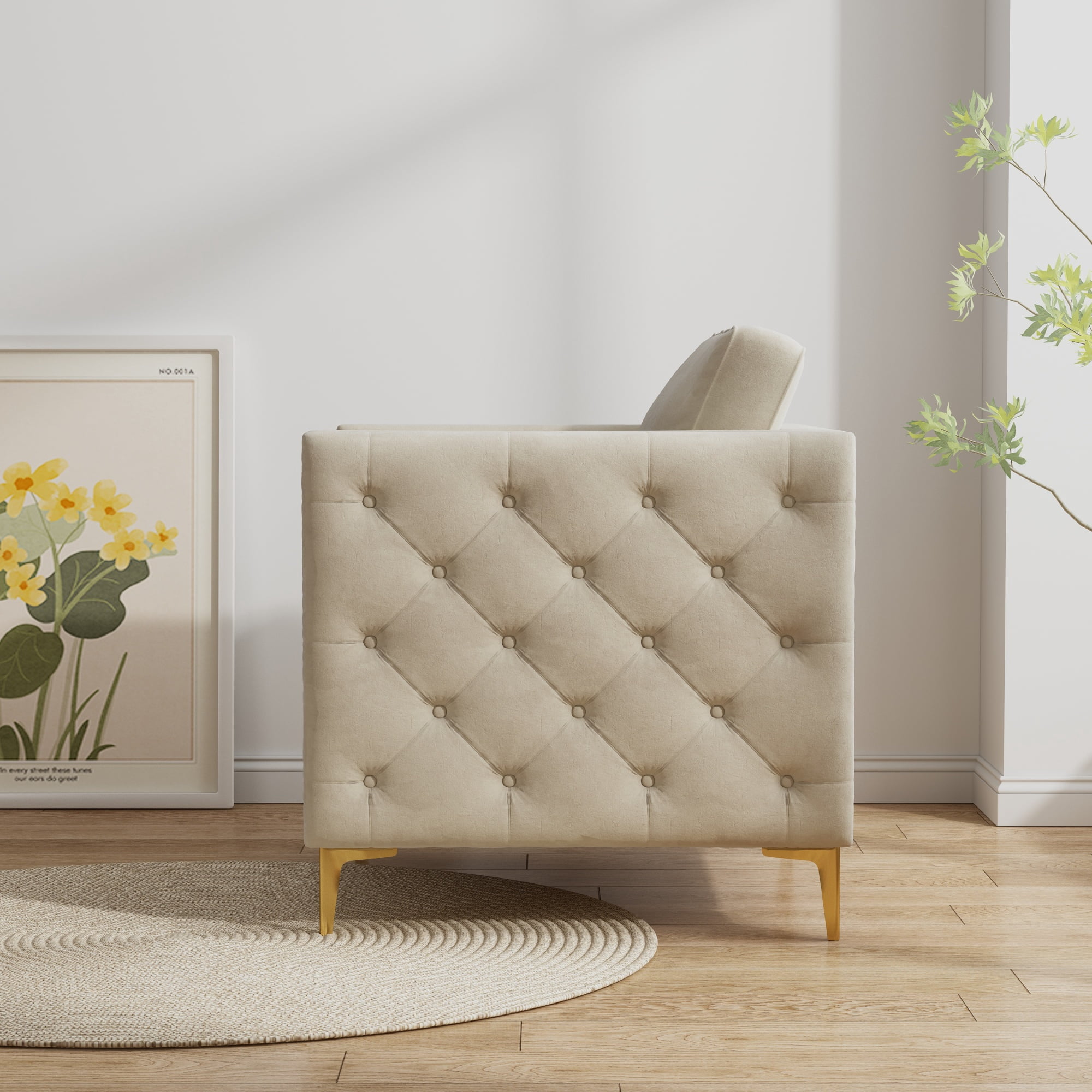Modern Upholstered Accent Chair,Velvet Armchair with Rivet Design and Metal Leg,Single Sofa Chair for Living Room Bedroom Playroom,Beige