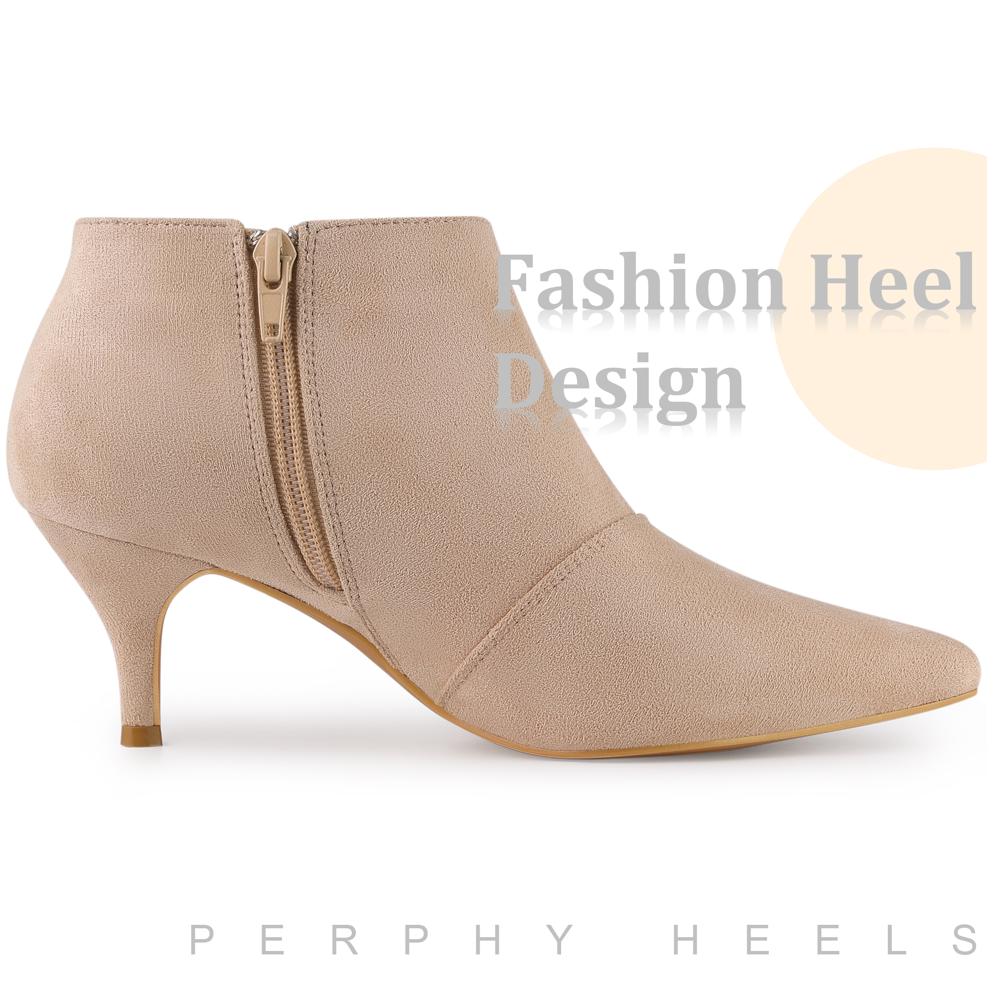 Unique Bargains Pointed Toe Cutout Kitten Heels Ankle Boots for Women Nude 7.5