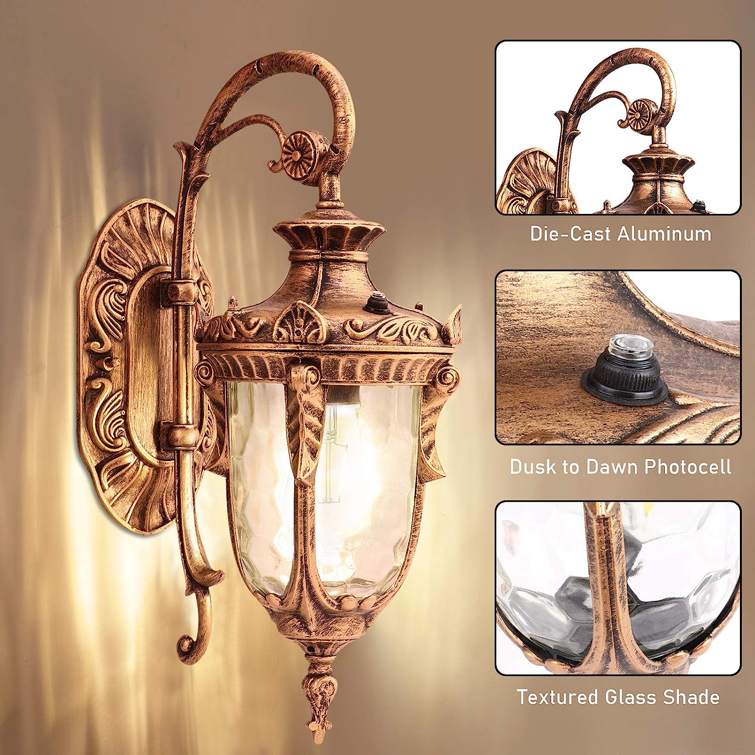 Dusk to Dawn Wall Lights Exterior Light Fixture Gold Porch Light Wall Mount  with Light Sensor Outside Wall Sconce Wall Lamp for Entrance Doorway Garage  House