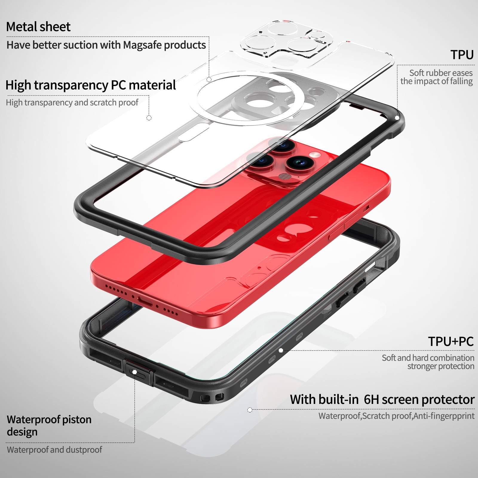 Allytechgroup Waterproof Case for iPhone 15 Pro Max, Full Body Protection Built-in Screen Protector MagSafe Wireless Charging Dustproof Shockproof Cover Case with Transparent PC, Black