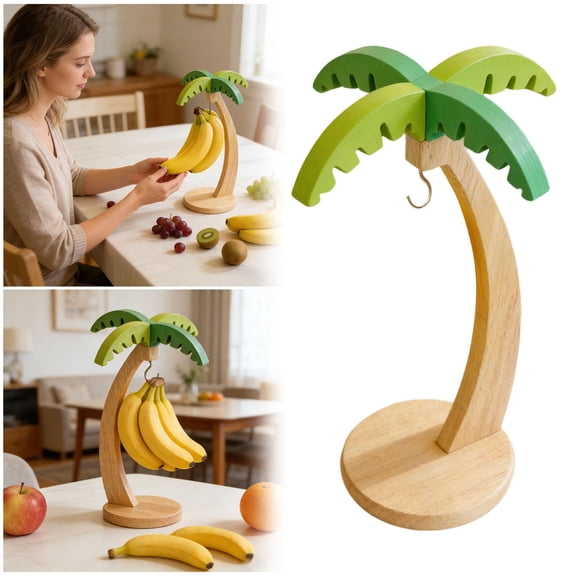 Banana Holder with Wooden Base,Wooden Banana Hanger Modern Tree Stand with Hook,Stylish Banana Keeper Fresh Fruit Storage Organizer Freestanding for Kitchen Countertop (Single Hook)