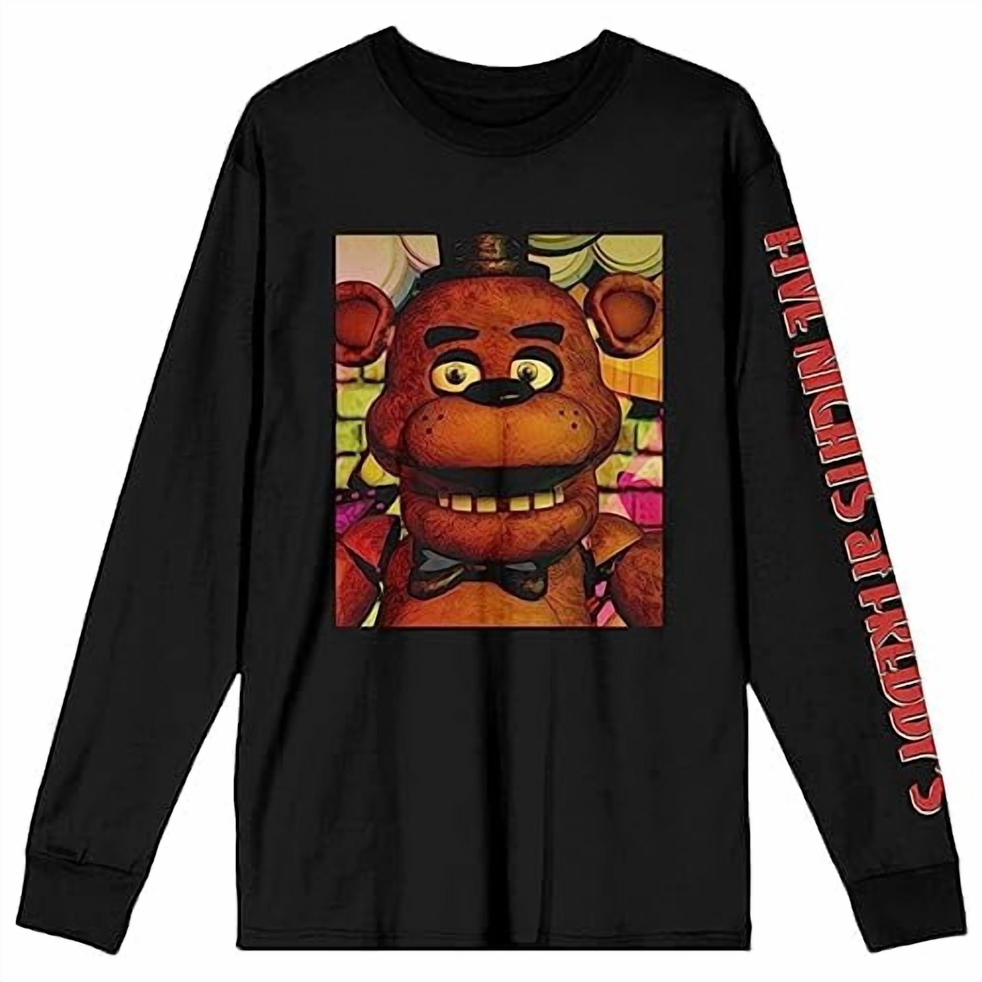 Five Nights At Freddy's Poster Face Close Up Crew Neck Long Sleeve Black Adult Tee-XL