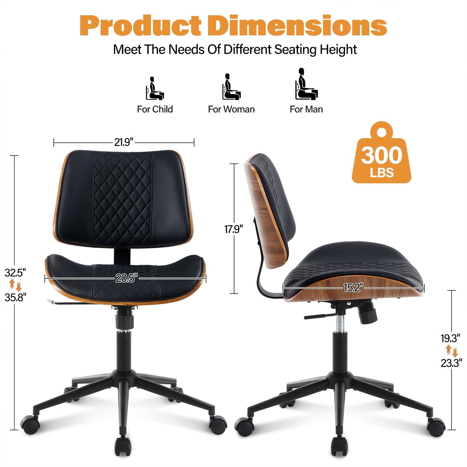 Home Office Chair, Armless Desk Chair with Wheels, Adjustable Height and 360° Swivel, Modern PU Leather Mid Back Computer Chair, Office Chair for Living Room Bedroom Office, Black