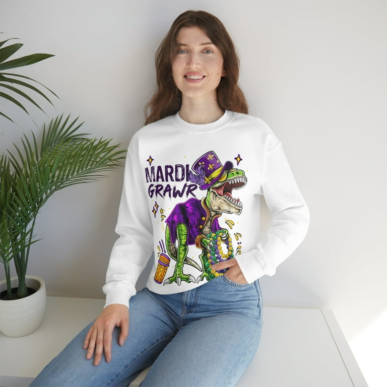 Familyloveshop LLC Mardi Grawr Dinosaur T Shirt, Mardi Gras Bead Costume T-Shirt, Fat Tuesday Shirt, Saints Shirt, Men Women Graphic T Shirts, Men's