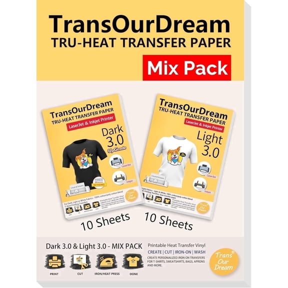 TransOurDream Iron on Heat Transfer Paper for Dark and Light T Shirts (10 10 Sheets, 8.5x11, Mix Pack) Printable Heat Transfers Vinyl for Laserjet & Inkjet Printers (D3L3)