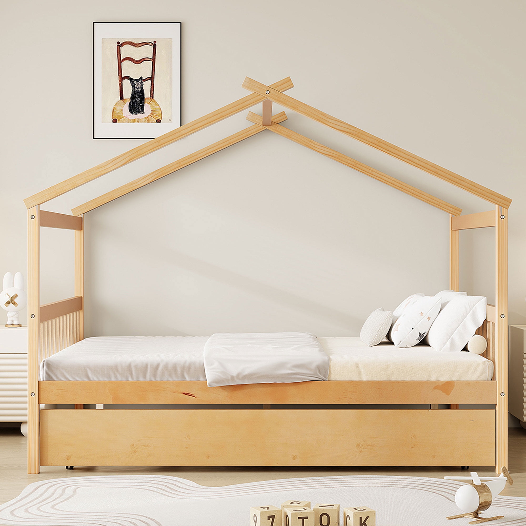 Sailvan Full Size Wooden House Bed with Twin Size Trundle