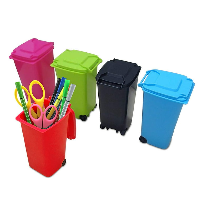 Mini Wheelie Trash Can Storage Bin Desktop Organizer Pen/Pencil Cup, 3pcs  Creative Dust Bin School Supplies Holder- (Assorted Green, Blue, Red, Pink