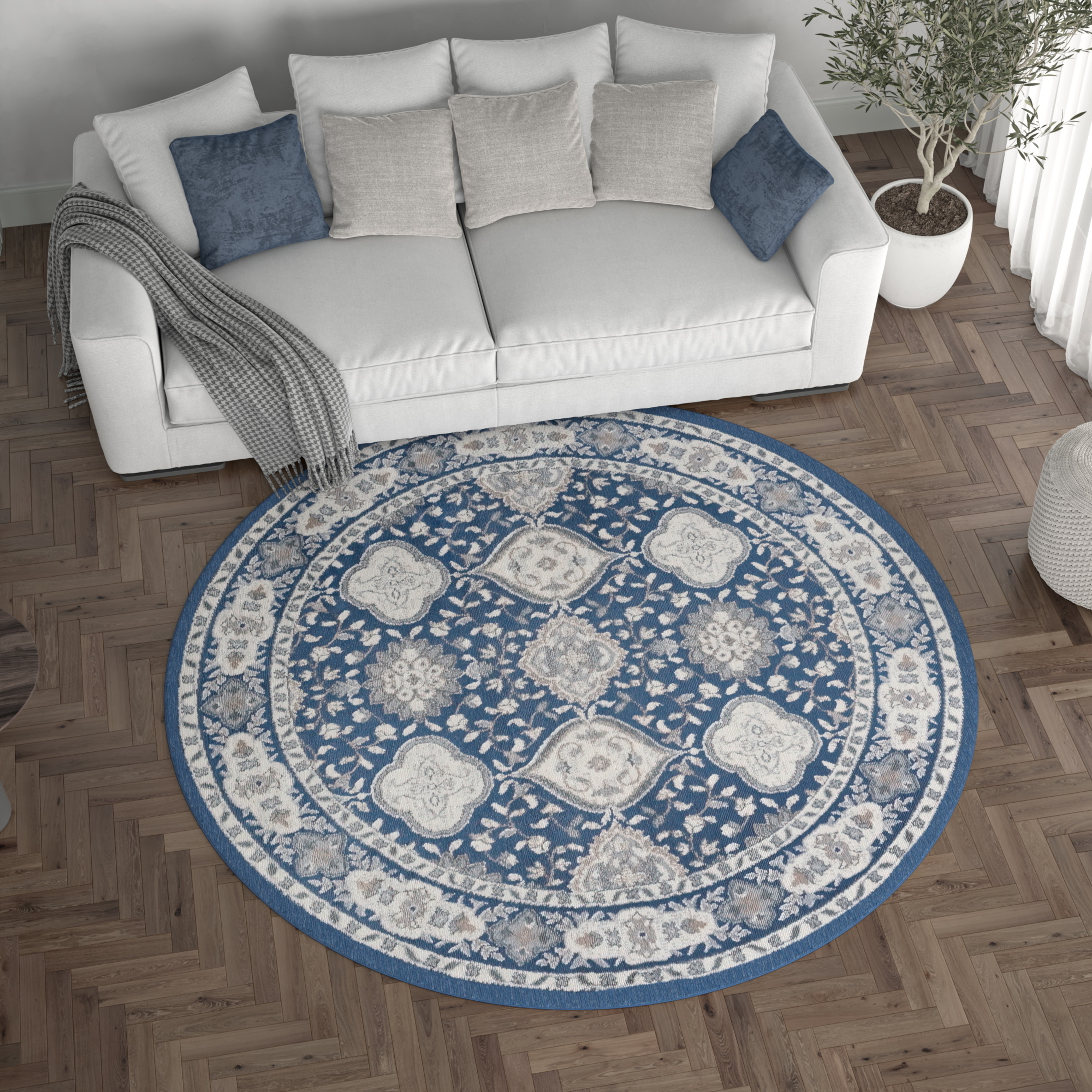 Madison Traditional 8' Round Navy and Cream Polypropylene Indoor Area Rug