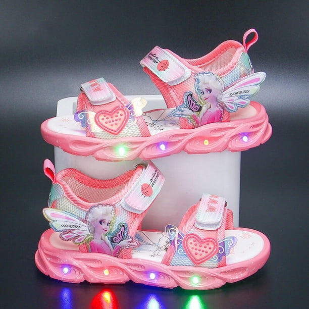 Disney zapatos para niños verano elsa niñas sandalias con punta de malla zapatos de playa moda ins princesa congelada fondo suave led light sandals26-Insole 16 CM Gao Jinjia LED