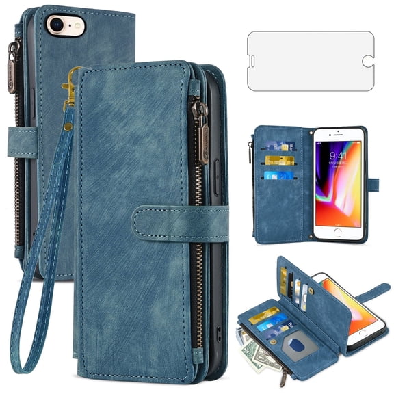 Asuwish Kickstand Hard Shell Wallet Cell Phone Case with Tempered Glass Screen Protector for iPhone 7/8, Blue