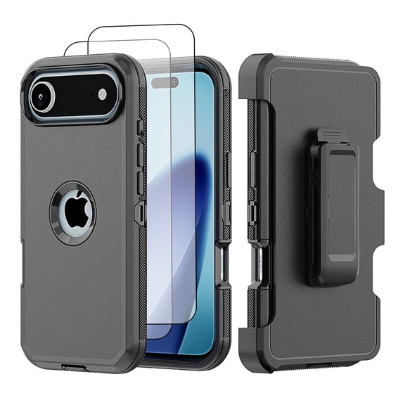Hotpom for iPhone 17 Case with Belt Clip 2 Pack Screen Protector Complete Body Tough Shockproof And Dustproof Protective Cover, Black