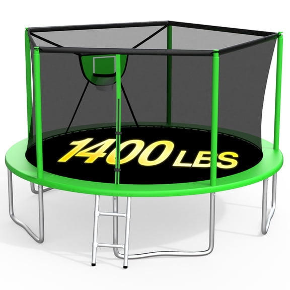 XMIKA Trampoline, 1400LBS 14FT Trampoline for Kids Adults, Trampoline with Enclosure Net, Basketball Hoop, Light, Sprinkler, Ladder, Backyard Recreational Trampoline, Galvanized Anti-Rust Coating