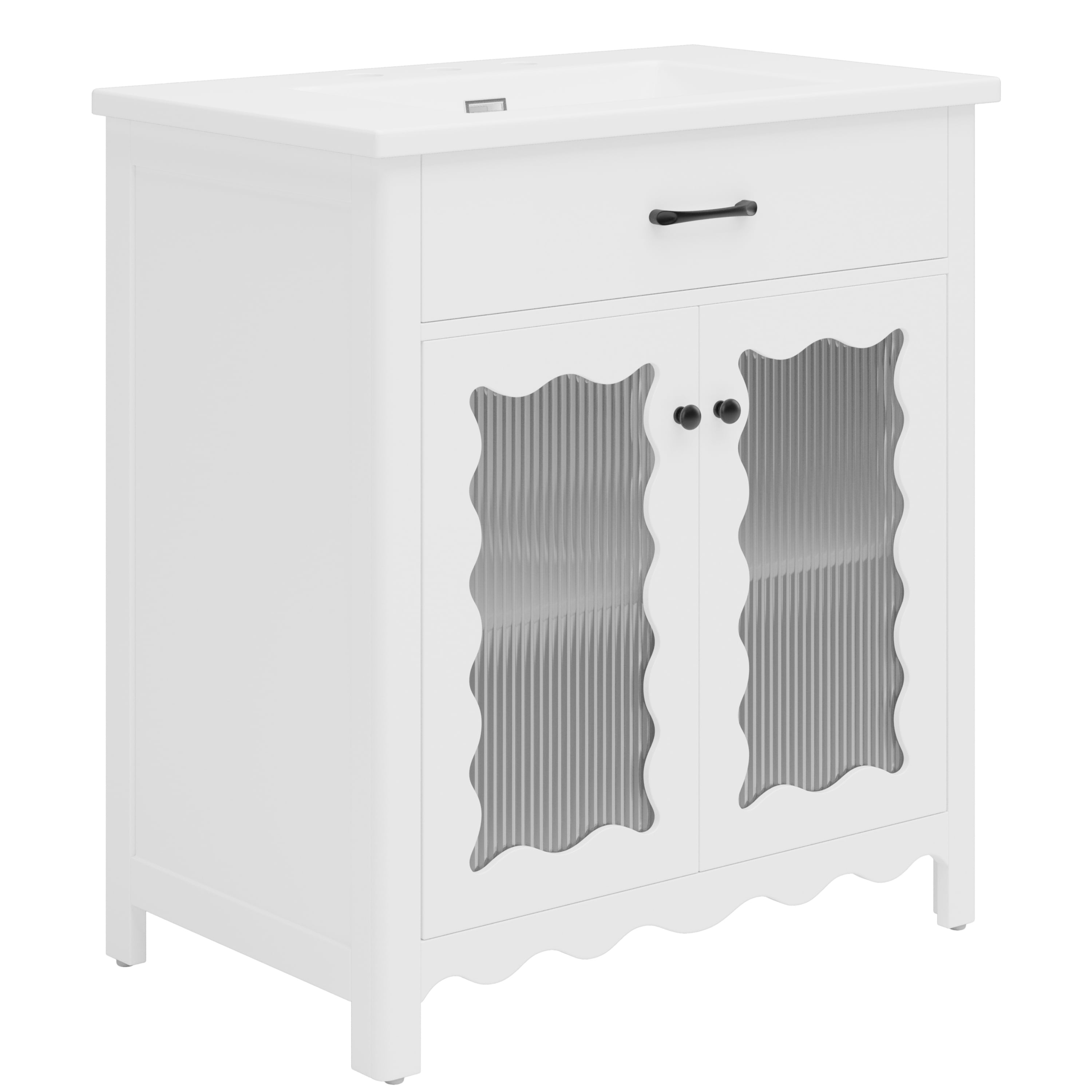 GARITIN Bathroom Vanity 31 Inch, Modern Bathroom Cabinet with Tempered Glass Doors and Rubber Wood Legs for Small Bathroom, White