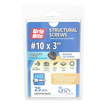 Grip-Rite #10 x 3 in. Structural Screw Dual Drive/Hex Washer Head 25CT