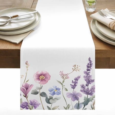 Pink Purple Flower Cotton Linen Table Runner Spring Purple Lavender Floral Watercolor Dining Table Runners for Home Decor Party Dining Room Restaurant Kitchen 13 x 36