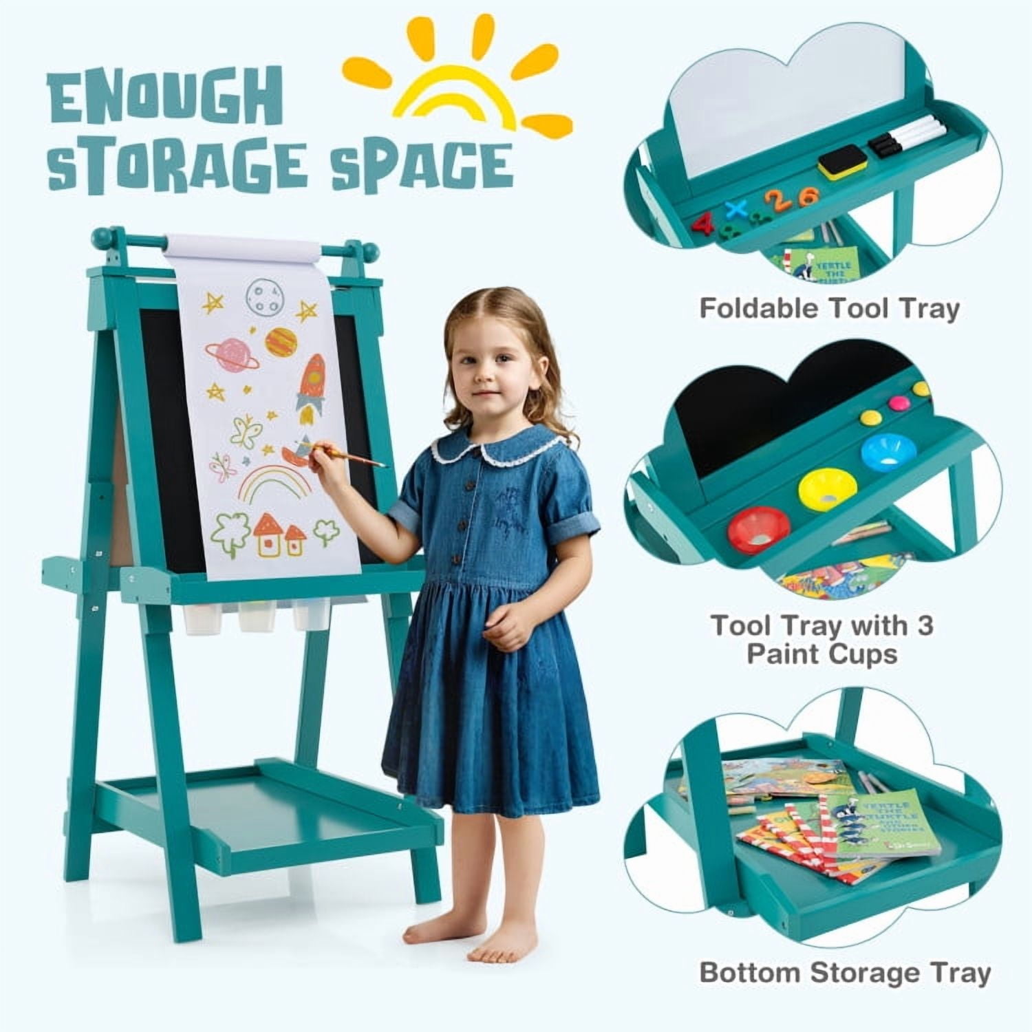 Barara King Kid's Art Easel with Chalkboard, Drawing Easel with Magnetic Whiteboard, 3-in-1 Double-Sided Storage Art Easel for Study Room, Home Office, Living Room, Green